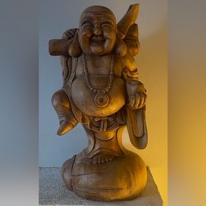 Vintage hand carved wooden laughing Buddha